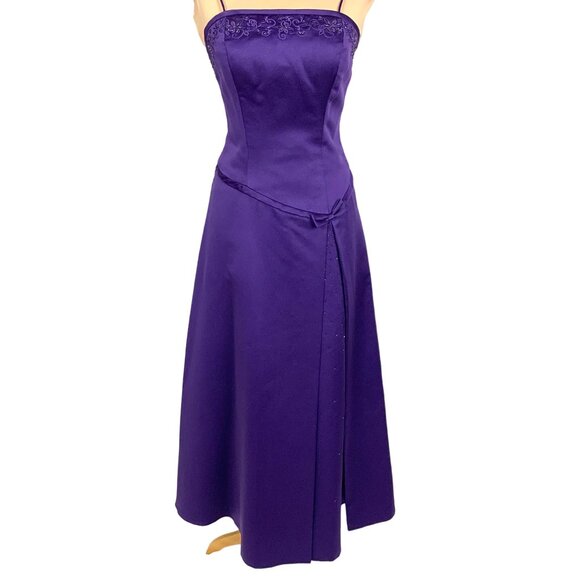 Mori Lee Madeline Gardiner Purple Satin Midi Evening Gown 5/6 Spaghetti Straps - Picture 1 of 12